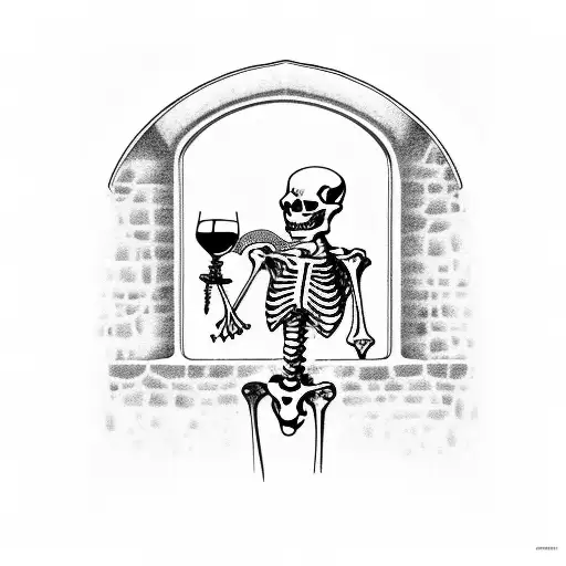Skeleton in a castle window drinking wine tattoo design idea