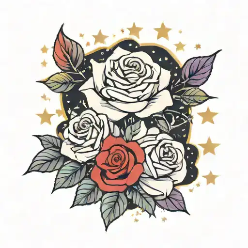 generate a cloud background with red rose flowers and stars  tattoo design idea