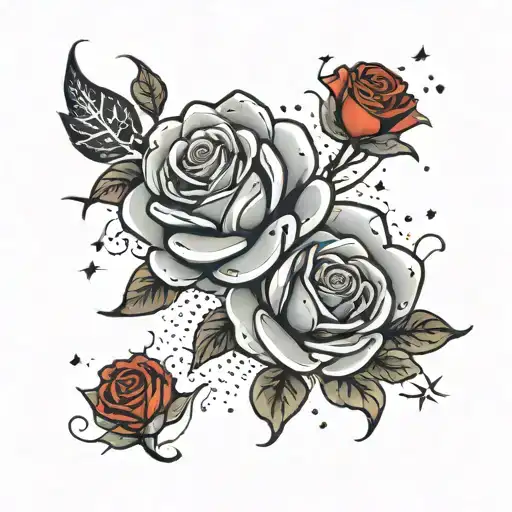 generate a cloud background with red rose flowers and stars sleeve tattoo tattoo design idea