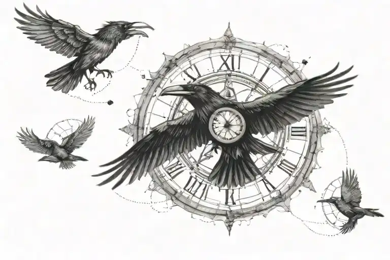 ravens flying clocks and compass  tattoo design idea