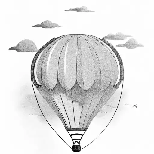 A black and grey depiction of a hot air balloon soaring above a vibrant landscape, symbolizing the spirit of adventure tattoo design idea