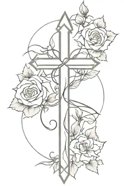 thick cross surrounded by roses and thorns intertwined tattoo design idea