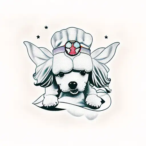 apricot and white toy poodle with longer ears swimming in a bikini tattoo design idea