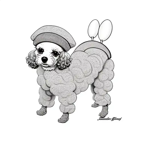 apricot toy poodle with longer ears wearing a 1950s style swim cap swimming tattoo design idea
