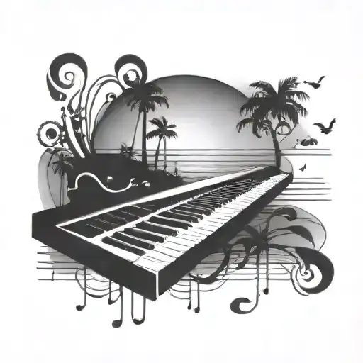 Incorporate a keyboard and music notes into a sunset scene on Ibiza tattoo design idea