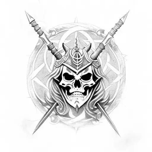 A satanic knight in black armor wielding a flanged mace, surrounded by skeleton warriors tattoo design idea