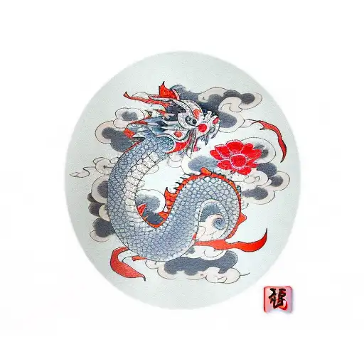 japanese fan with a dragon, koi fish, the Japanese flag red dot, and flowers  tattoo design idea