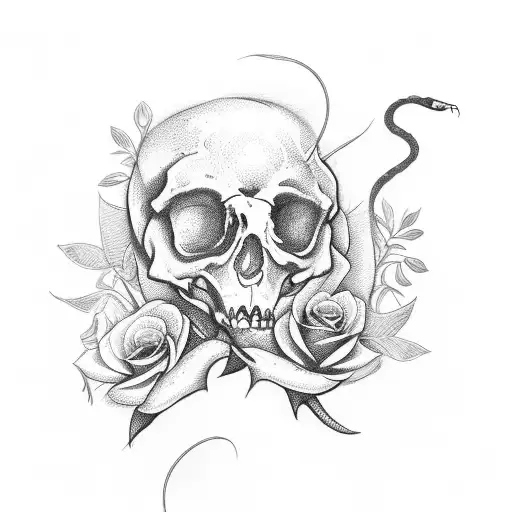 A beautiful bouquet of flowers growing out of a skeletal hand, with a snake winding through the petals tattoo design idea