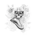 A beautiful bouquet of flowers growing out of a skeletal hand, with a snake winding through the petals tattoo design idea