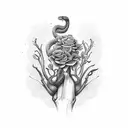 A beautiful bouquet of flowers growing out of a skeletal hand, with a snake winding through the petals tattoo design idea