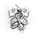 A beautiful bouquet of flowers growing out of a skeletal hand, with a snake winding through the petals tattoo design idea