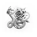 A beautiful bouquet of flowers growing out of a skeletal hand, with a snake winding through the petals tattoo design idea