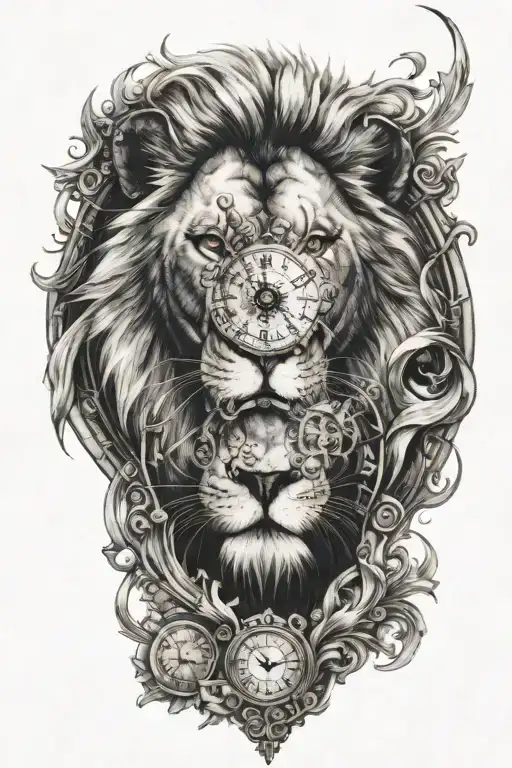 lion, clock, inscriptions, fire tattoo design idea
