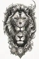 lion, clock, inscriptions, fire tattoo design idea