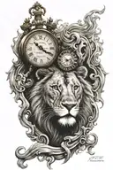 lion, clock, inscriptions, fire tattoo design idea