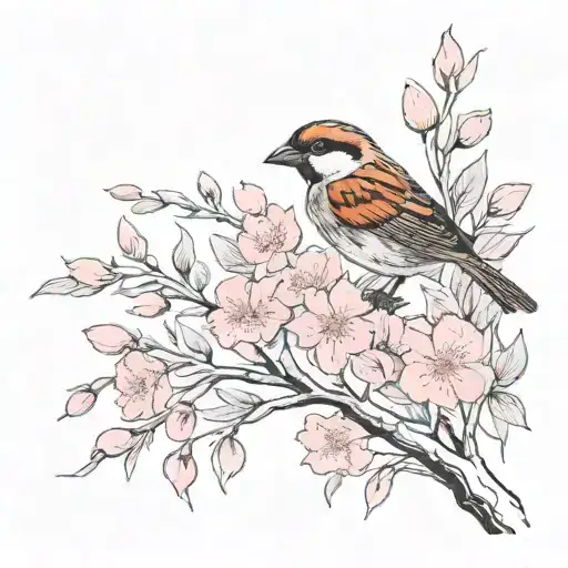 sparrow with pink flowers tattoo design idea