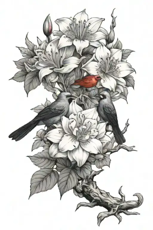 dahlias, peonies, gladiolus, star gazer lilies, Gerber daisies,surrounding a pink dogwood branch & a cardinal  tattoo design idea