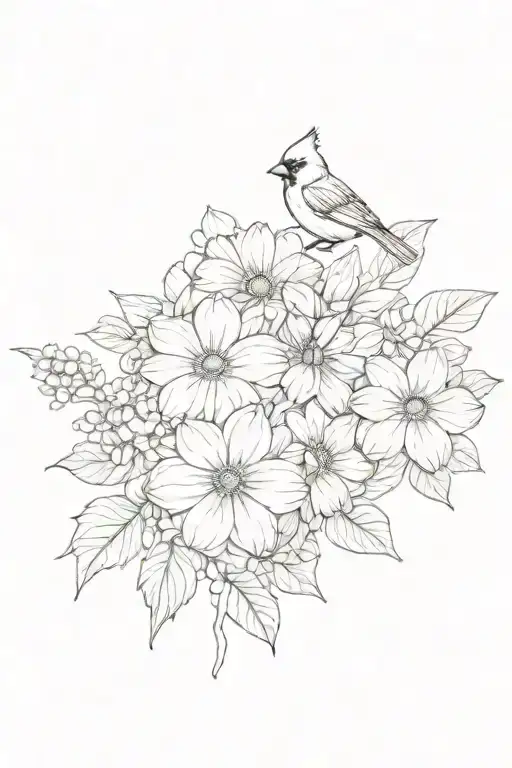 dogwood, dahlia, peony, lily, gladiolus, Gerber daisy and a cardinal tattoo design idea