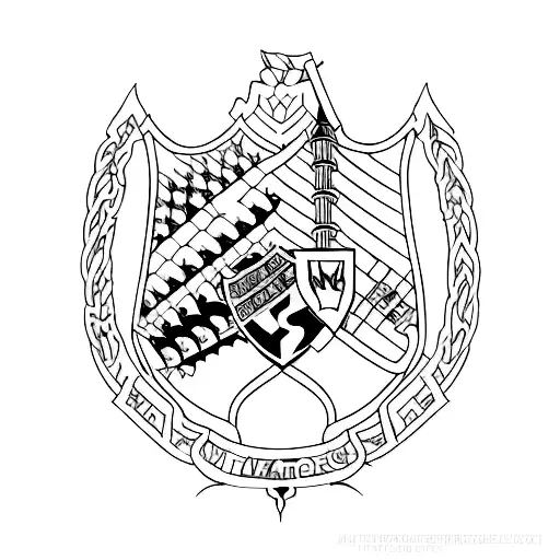 A House-themed tattoo with the Hogwarts castle and a Formula One race track merging together tattoo design idea