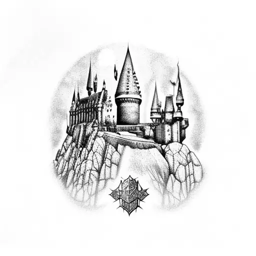 A dotwork tattoo featuring the Hogwarts castle blended with the silhouette of a classic racing car. tattoo design idea