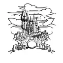 A House-themed tattoo with the Hogwarts castle and a Formula One race track merging together tattoo design idea