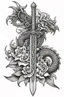 Sword with flowers and dragon tattoo design idea