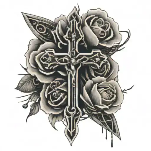 dainty cross with powerlines wrapping around it with flowers growing up the gross tattoo design idea