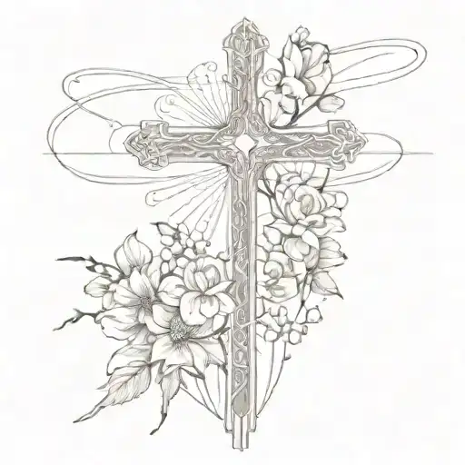 dainty cross with power lines connecting on top of cross with flowers growing up the cross tattoo design idea