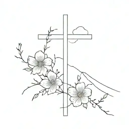 dainty cross with power lines connecting on top of cross with flowers growing up the cross tattoo design idea