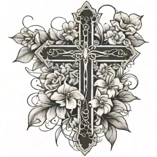 dainty cross with power lines connecting on top of cross with flowers growing up the cross tattoo design idea