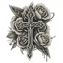 dainty cross with powerlines wrapping around it with flowers growing up the gross tattoo design idea