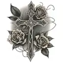 dainty cross with powerlines wrapping around it with flowers growing up the gross tattoo design idea