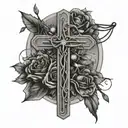 dainty cross with powerlines wrapping around it with flowers growing up the gross tattoo design idea