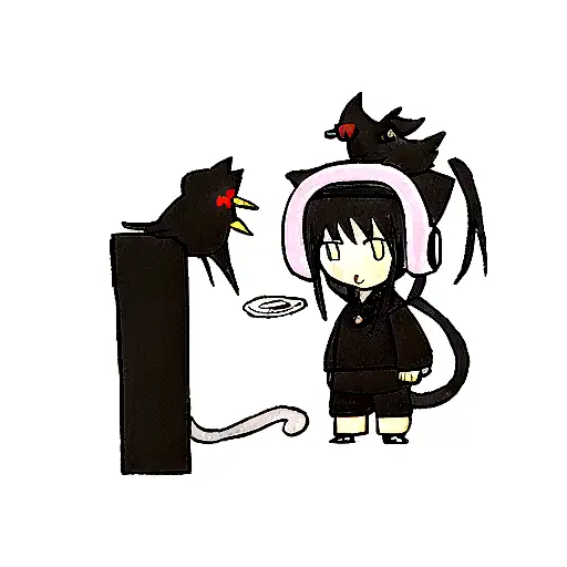 cat shinobi with headphones on head and crow on shelder side view tattoo design idea