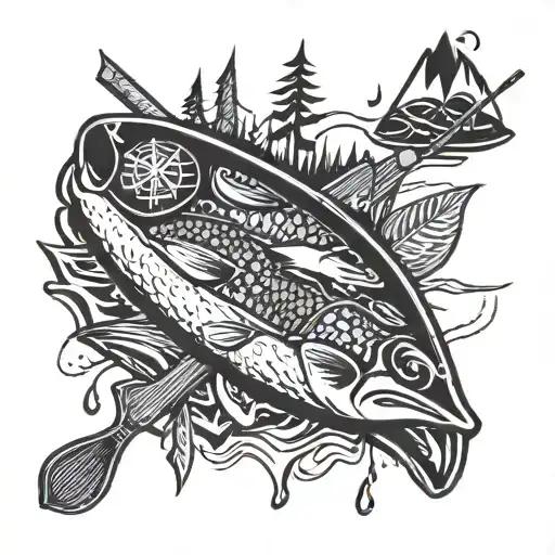 canoes, paddles, lifejackets, whisky, fishing rods, fishing net, lake trout, pike, magic mushrooms, cigarettes, campfire tattoo design idea