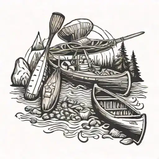 Canoe, paddles, lifejackets, fishing rod, fishing net, lake trout, campfire, magic mushrooms, cigarettes, and whisky tattoo design idea