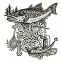 Canoe, paddles, lifejackets, fishing rod, fishing net, lake trout, campfire, magic mushrooms, cigarettes, and whisky tattoo design idea