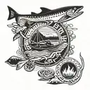 Canoe, paddles, lifejackets, fishing rod, fishing net, lake trout, campfire, magic mushrooms, cigarettes, and whisky tattoo design idea