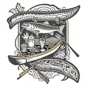 Canoe, paddles, lifejackets, fishing rod, fishing net, lake trout, campfire, magic mushrooms, cigarettes, and whisky tattoo design idea