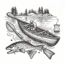 Canoe, paddles, lifejackets, fishing rod, fishing net, lake trout, campfire, magic mushrooms, cigarettes, and whisky tattoo design idea