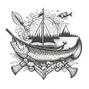 Canoe, paddles, lifejackets, fishing rod, fishing net, lake trout, campfire, magic mushrooms, cigarettes, and whisky tattoo design idea