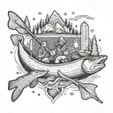 Canoe, paddles, lifejackets, fishing rod, fishing net, lake trout, campfire, magic mushrooms, cigarettes, and whisky tattoo design idea