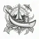 Canoe, paddles, lifejackets, fishing rod, fishing net, lake trout, campfire, magic mushrooms, cigarettes, and whisky tattoo design idea