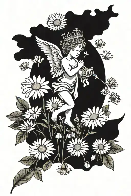 Cherub Angel in a field of daisys wearing a crown  tattoo design idea