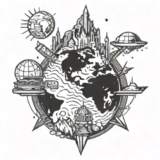 big bonfire on undiscovered planet with construction going on all around the planet tattoo design idea