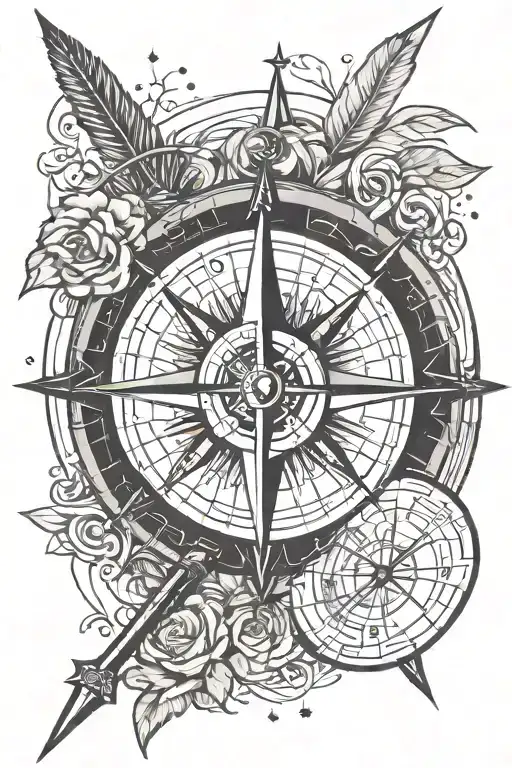 compass arrow Roman numerals tattoo design idea