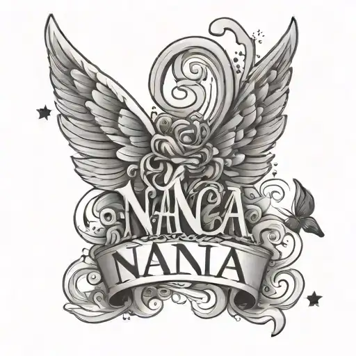 angel wings attached to the word nana with little butterfly's and stars  tattoo design idea