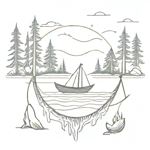campfire, canoe, hammock forest lake tattoo design idea