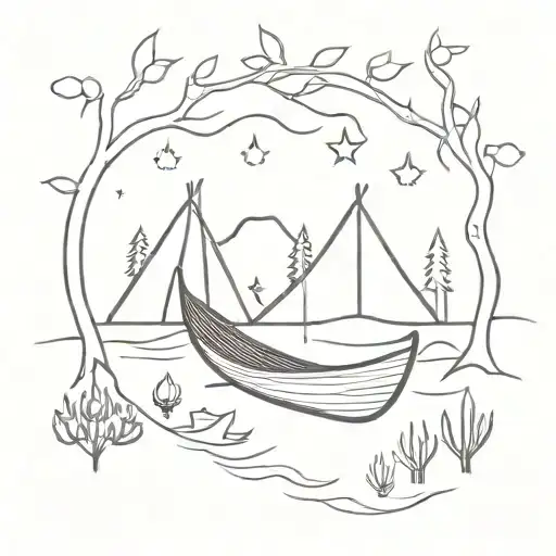 campfire, canoe, hammock oneline tattoo design idea