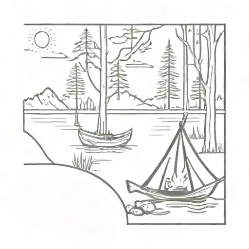 campfire, canoe, hammock forest lake tattoo design idea